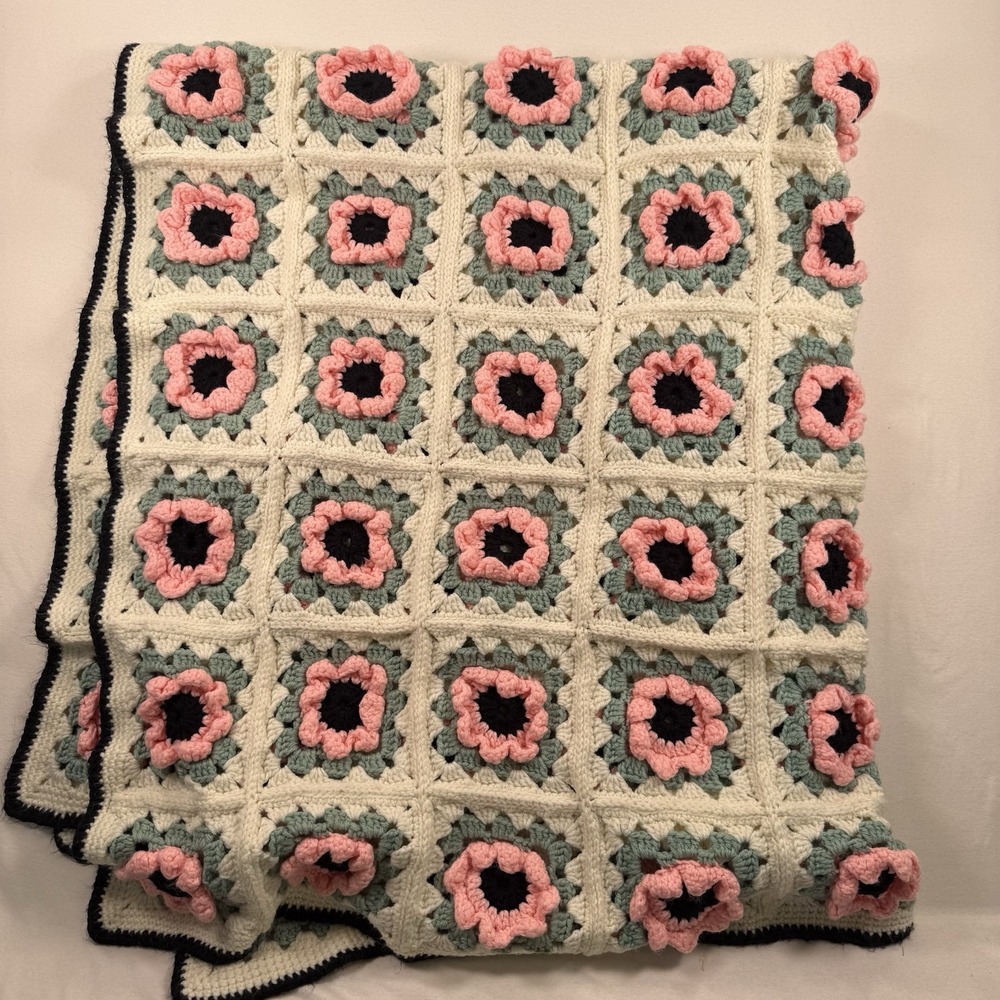 VTG Crocheted 3D Pink Roses Afghan Throw Blanket Handmade 52"x62" Granny Square